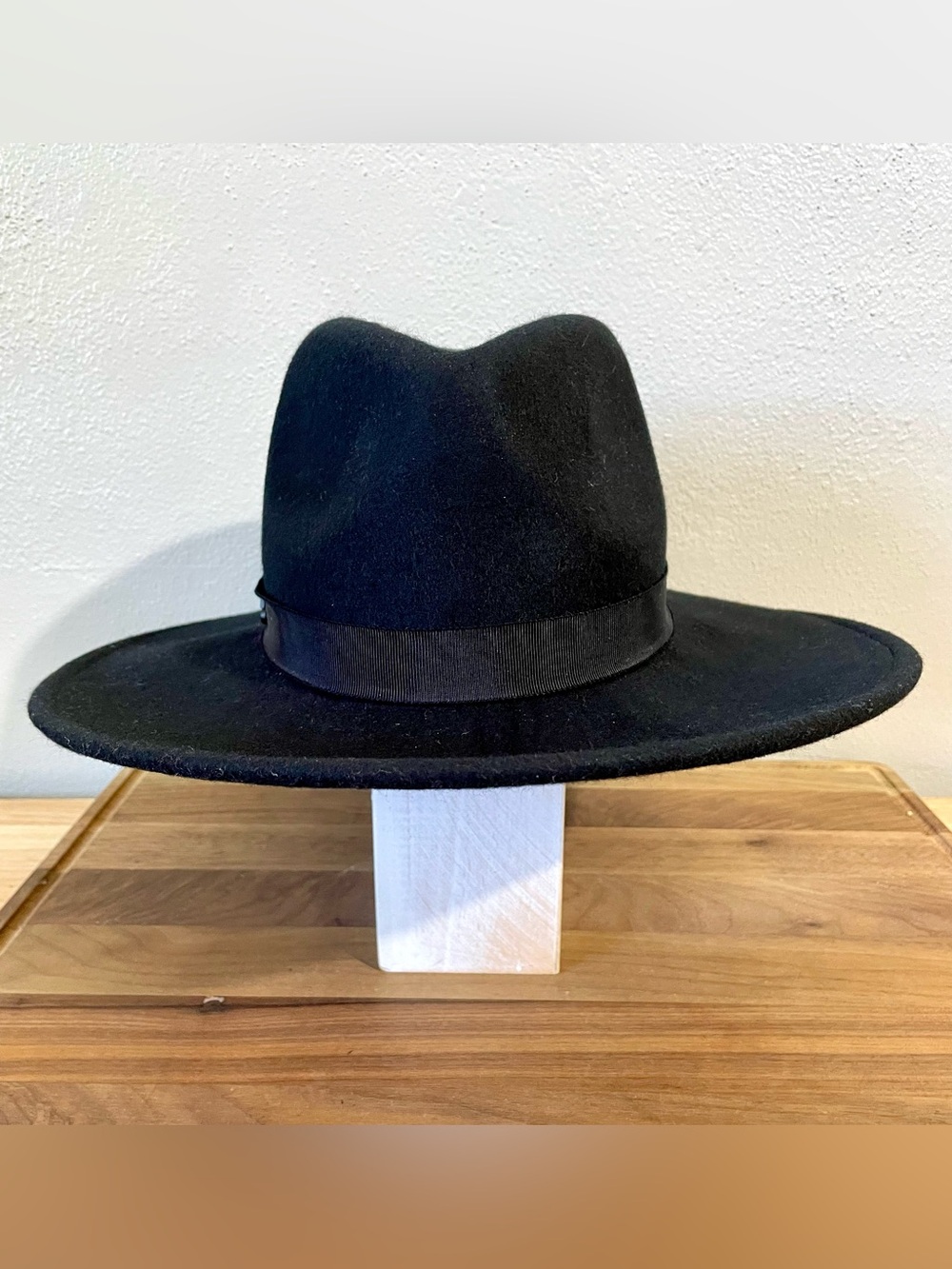 Wool Fedora Wide Brim Hat Logo Trim Black 22 1/4 Inches Classic All Saints Warm